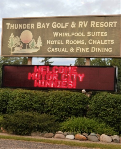 Thunder Bay Golf & RV Resort sign that reads "Welcome Motor City Winnies"